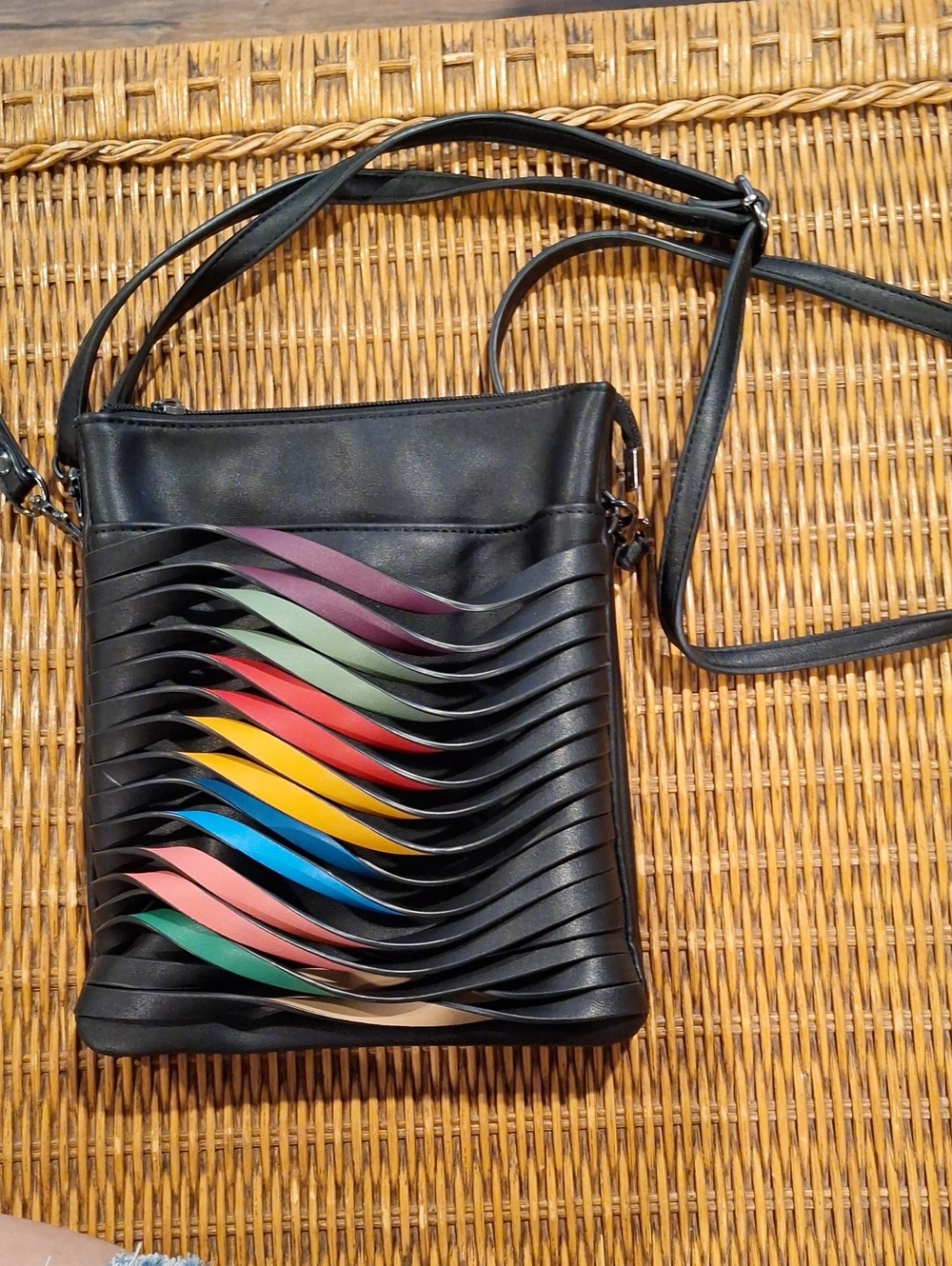 Black Crossbody Bag with Multicolor Wave Accents